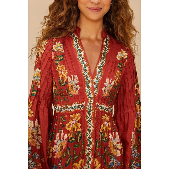 $350 NWT FARM RIO Garden Delight Red Fall Floral Midi Dress – Medium - Picture 4 of 15